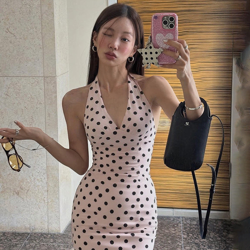 Polka Dot Halter Neck Bodycon Tank Top For Women