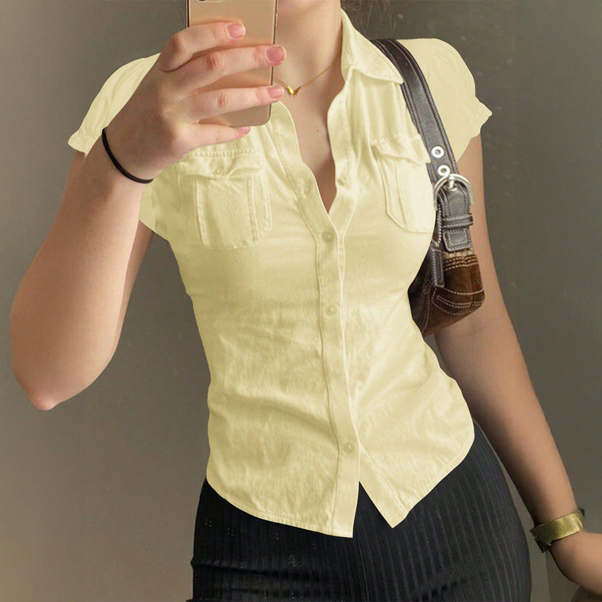 Solid Color Puff Sleeve Button Front Short Sleeve Casual Shirt