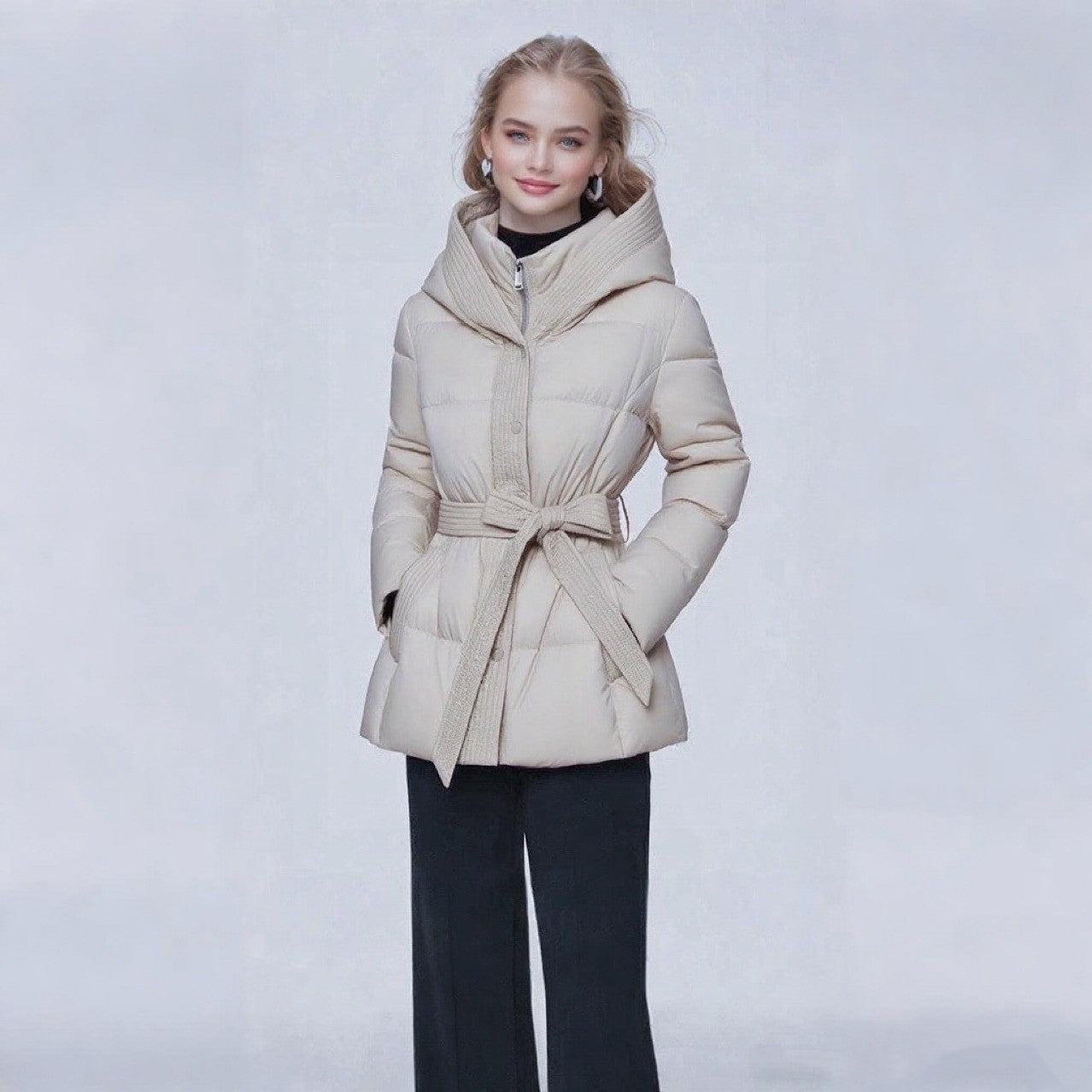 Short Women's Waist-Cinching Hooded Tie-Front Warm Coat