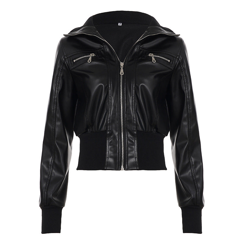 Retro Slim Fit Zipper Faux Leather Jacket For Women