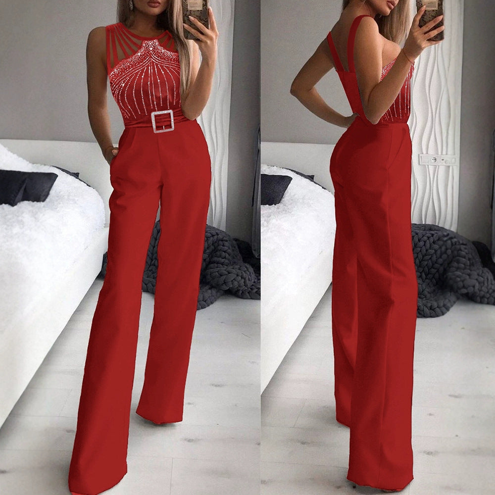 Rhinestone Strapless Slim Fit Jumpsuit With Waist Cinching Design