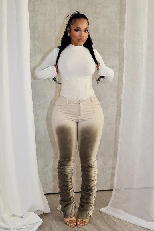 Slim Fit Retro Stacked Pants With Distressed Streetwear Style