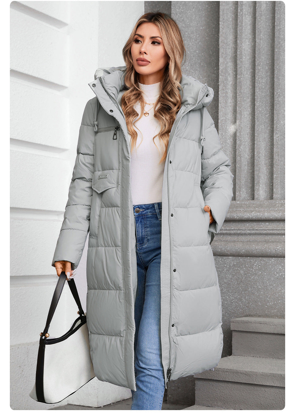 Long Hooded Zip Up Cotton Coat For Elegant Commuter Style
