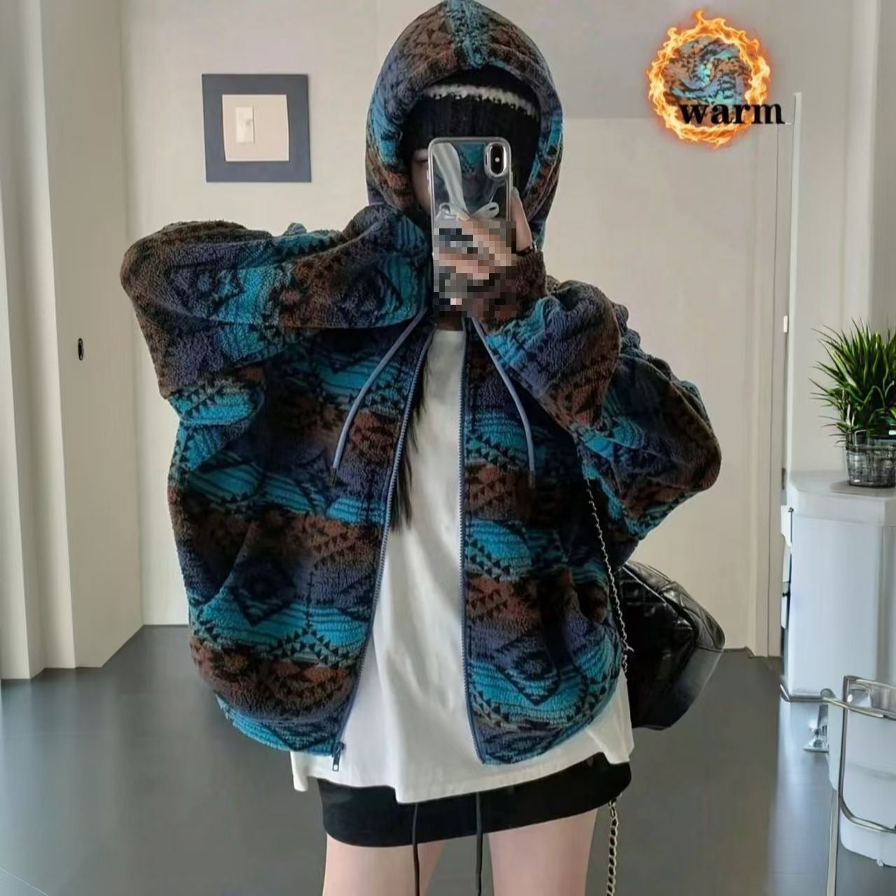 Reversible Color-Block Fleece Jacket With Printed Pattern For Comfort