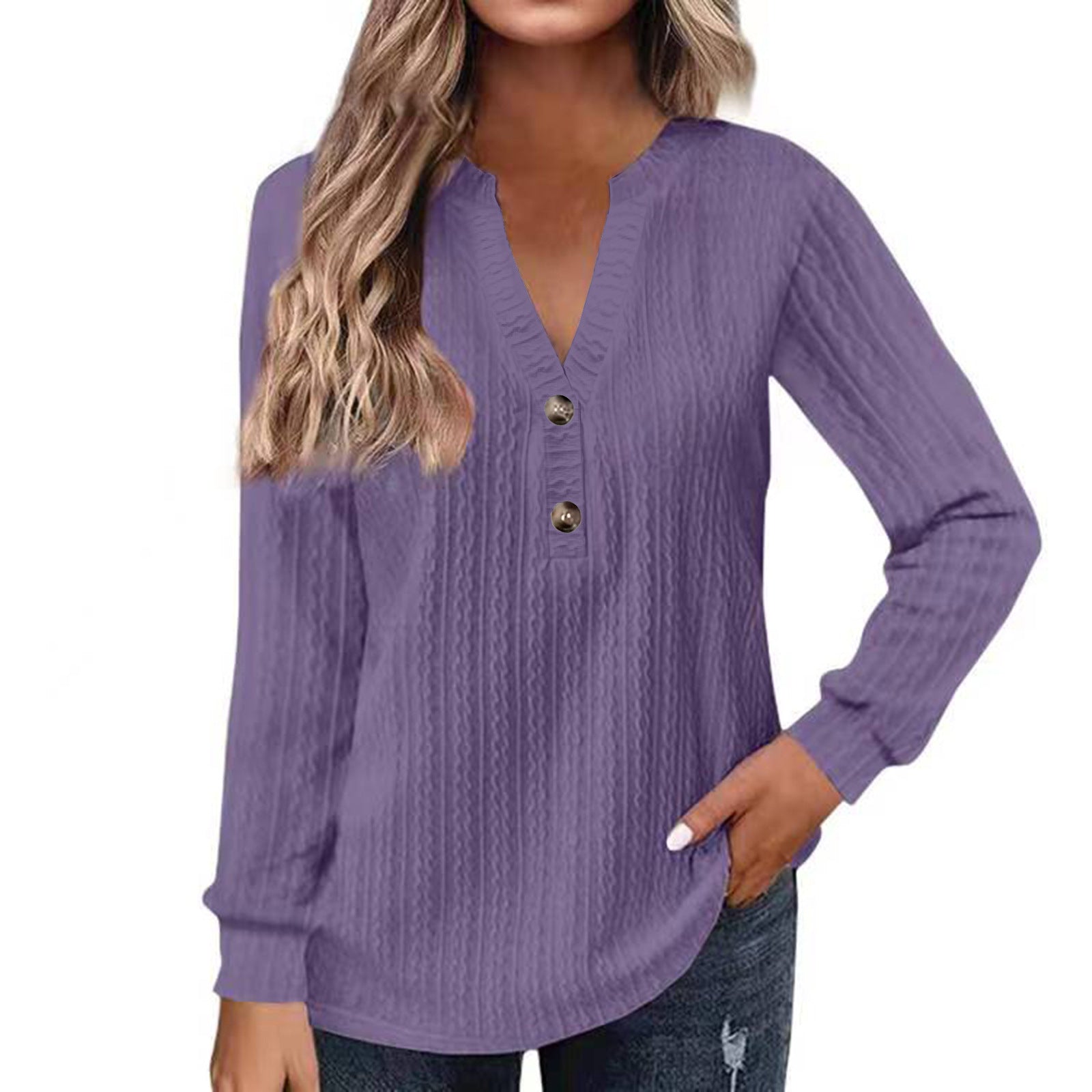 Women's Long Sleeve V-Neck Buttoned Solid Color Casual T-Shirt