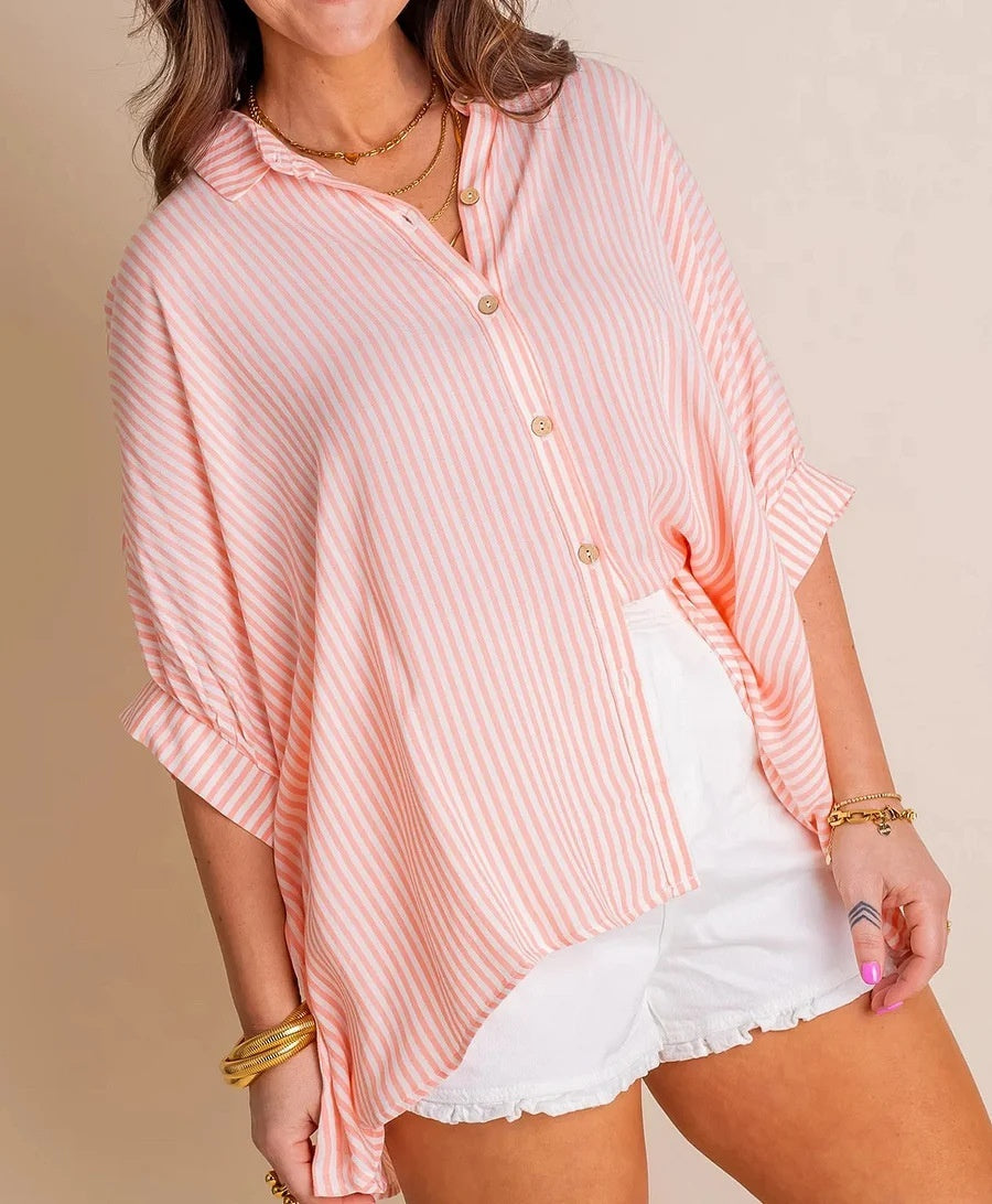 Women's Striped Loose Fit Three-Quarter Sleeve Casual Button Shirt