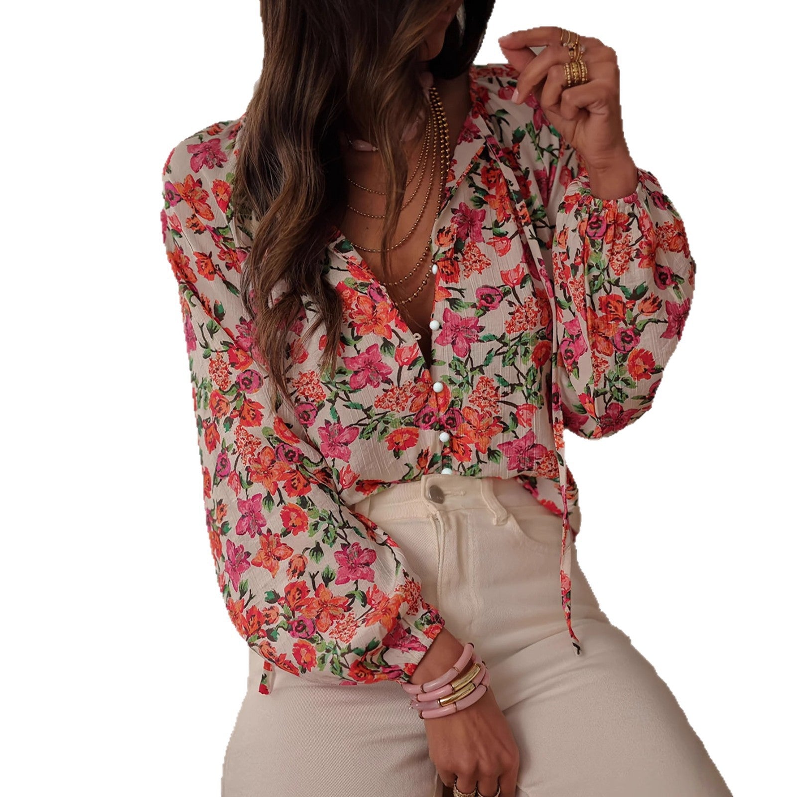 Women's Retro Rose Embroidered Colorblock Long Sleeve Casual Shirt