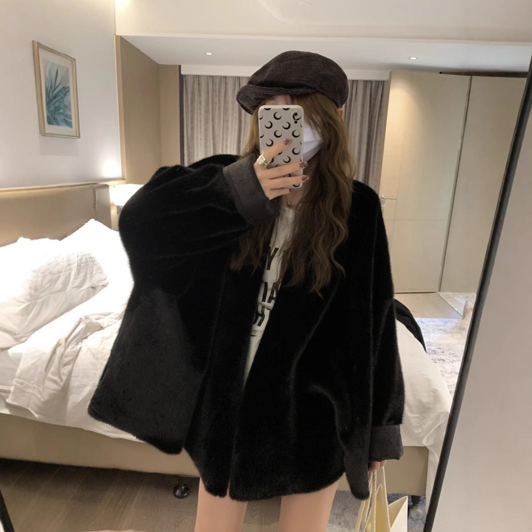 Short Faux Fur Mink Coat With Batwing Sleeves