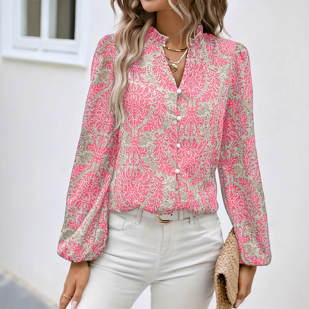 Elegant Printed Lantern Sleeve Ruffled Trim Long Sleeve Blouse