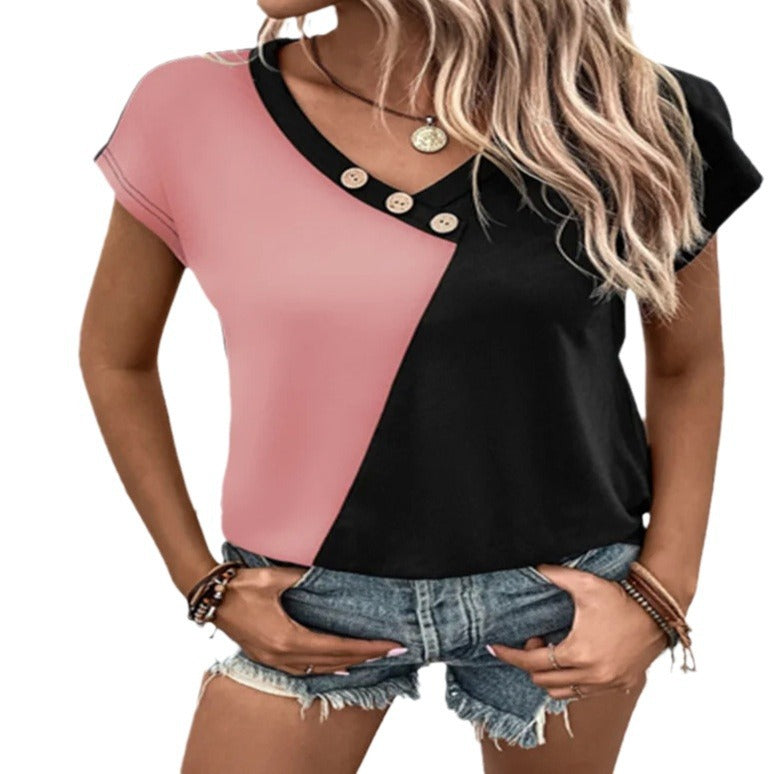 Elegant Color-Blocked Loose Fit Short Sleeve Everyday Commuter Top