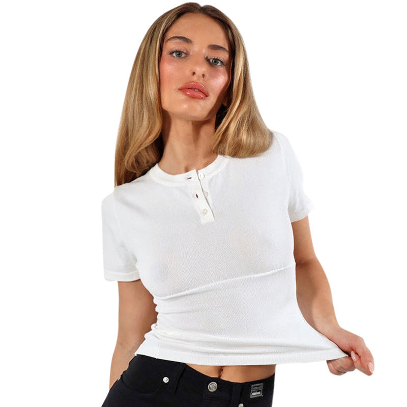 Solid Color Crew Neck Short Sleeve Top With Button Accents