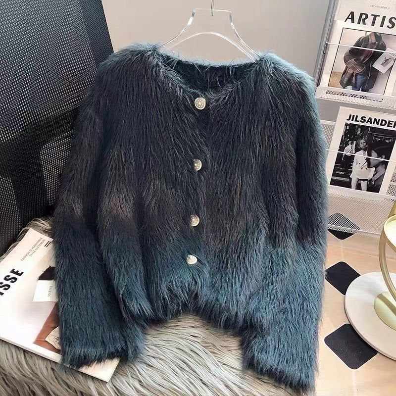 Faux Mink Velvet Knit Short Cardigan Sweater Coat Thickened