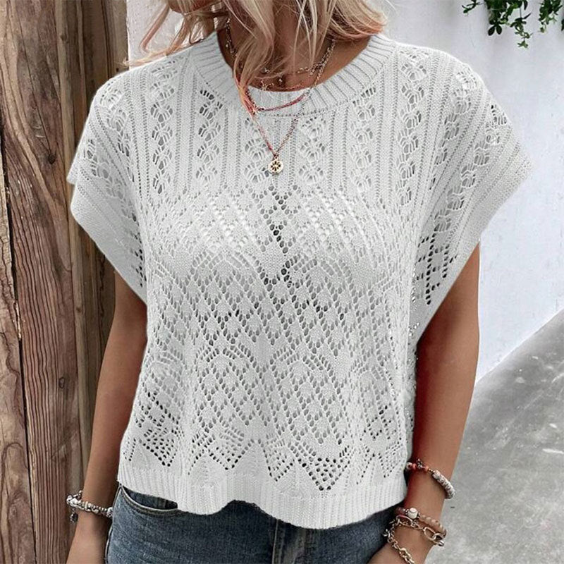 Hollow Out Knit Crew Neck Swim Cover Up Sun Protective Beach Top