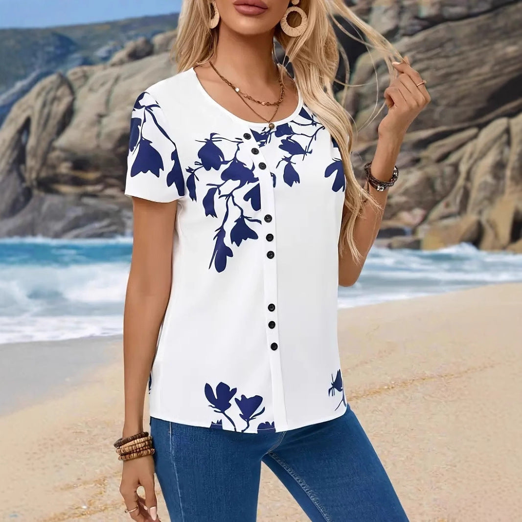Round Neck Loose Fit Printed Short Sleeve Casual Summer Top