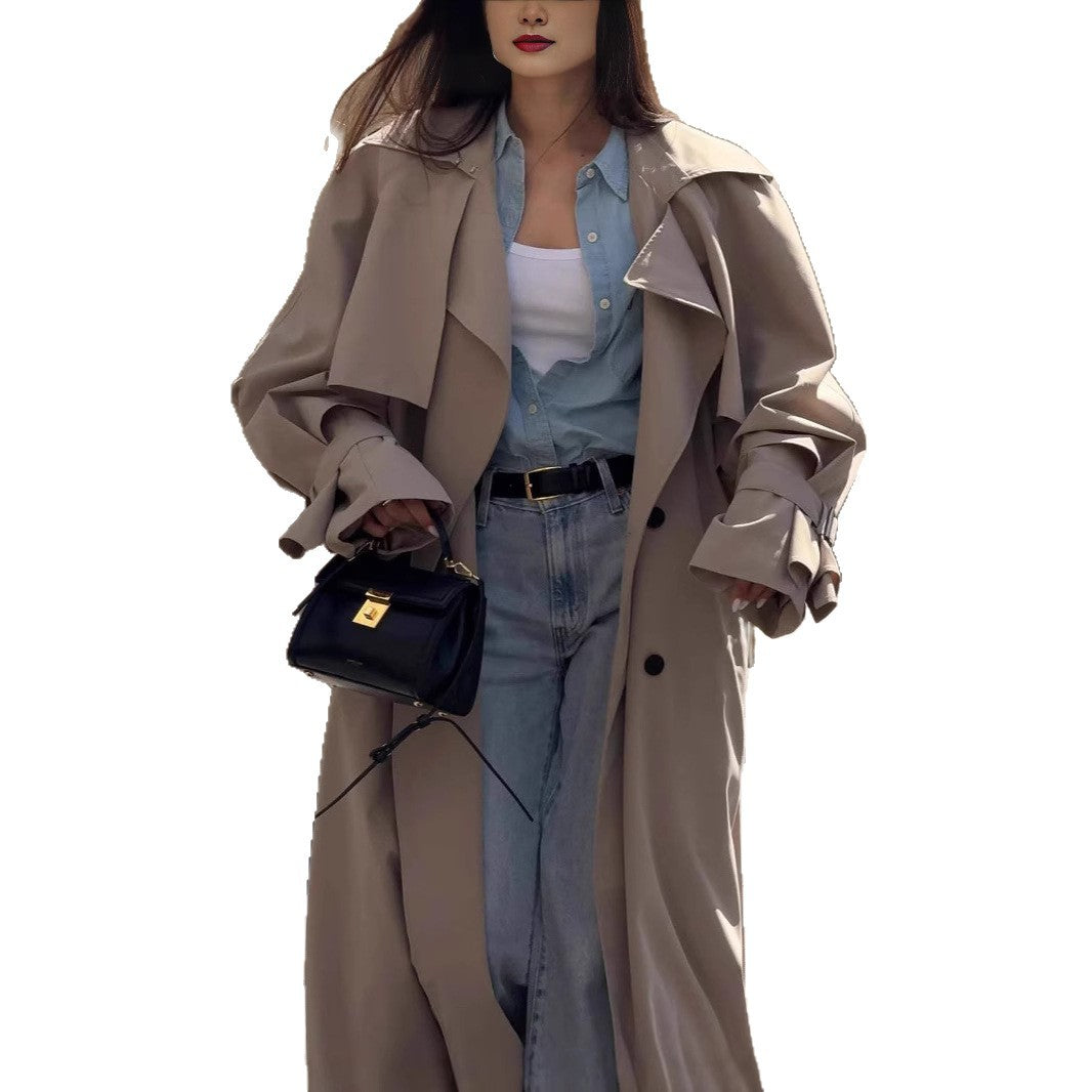 Long Khaki Belted Cape Trench Coat With Dramatic Length