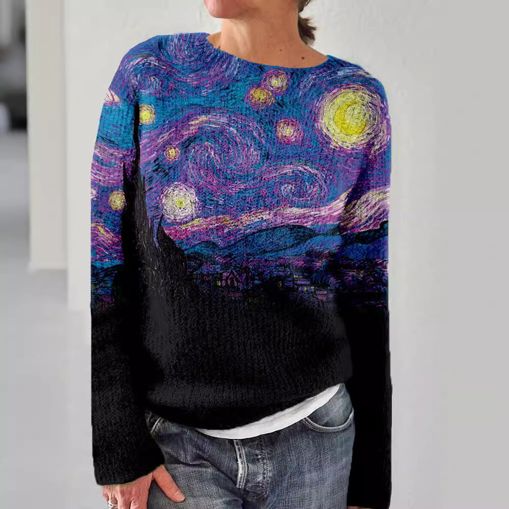 3D Print Round Neck Pullover Top For Women