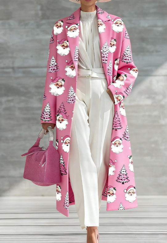 Printed Retro Lapel Long Coat For Women Casual