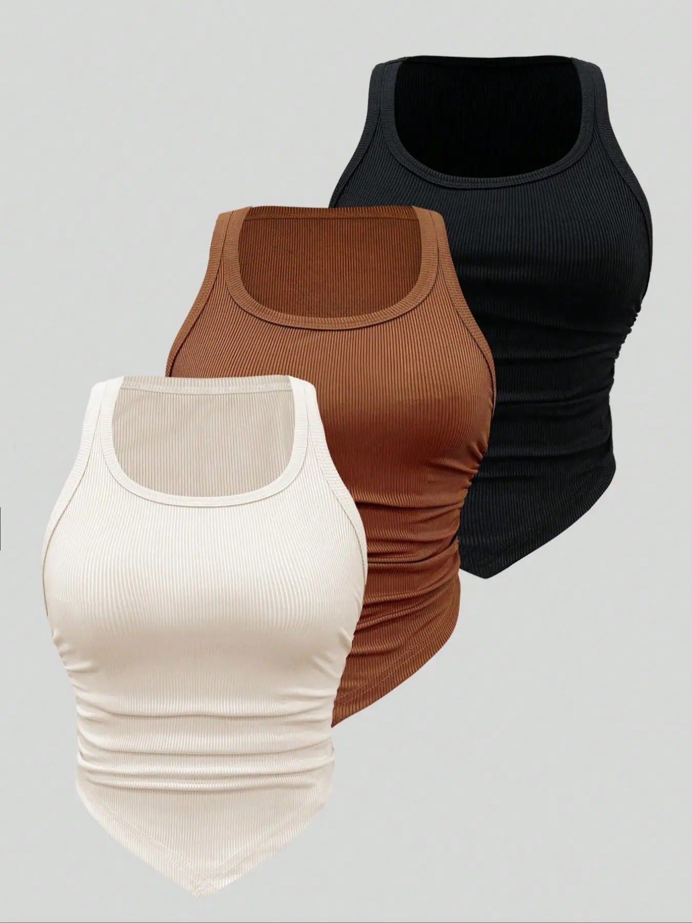 Solid Color Halter Cinched Fit Short-Length Casual Tank Top (3pcs)