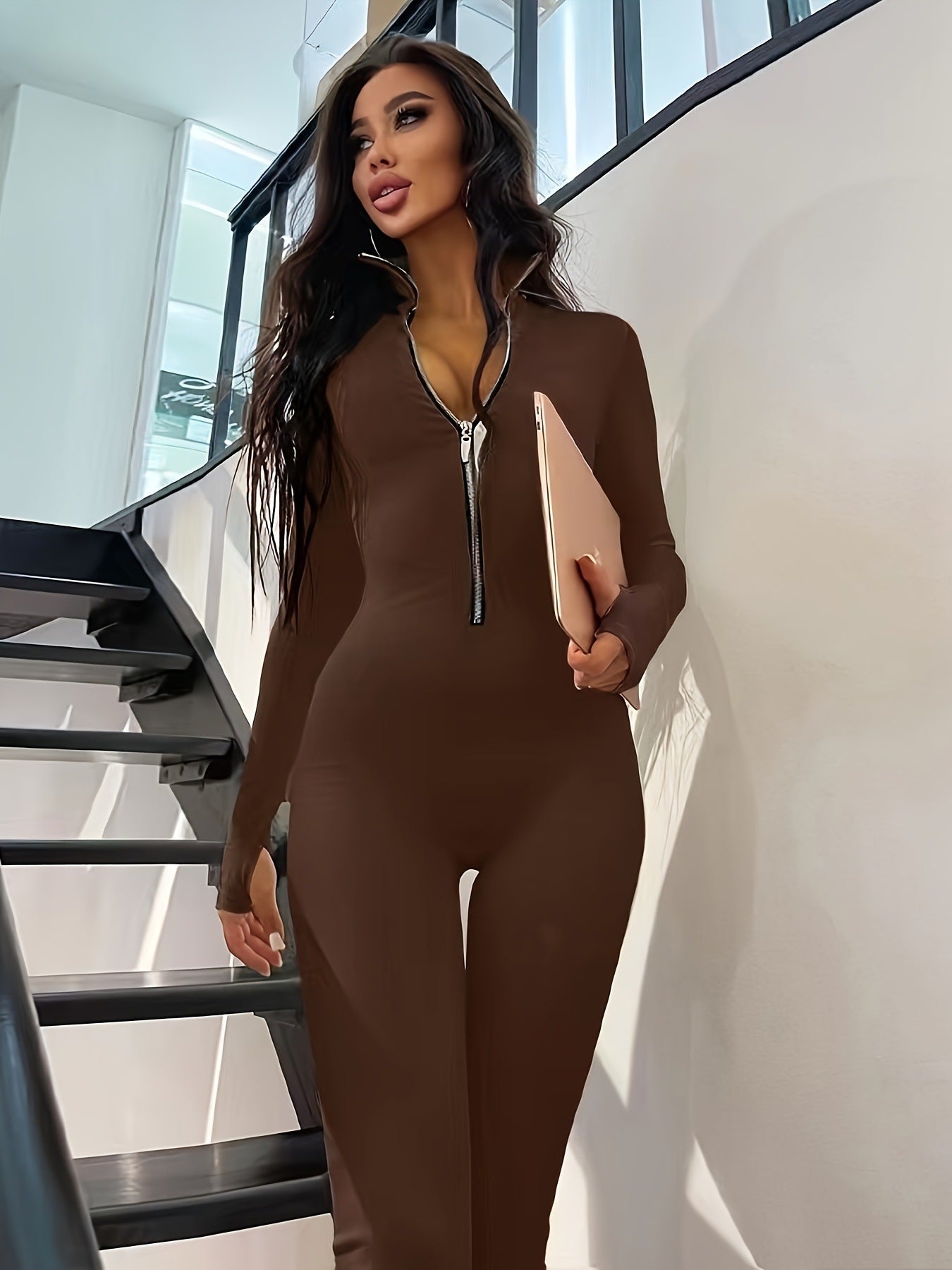 Long Sleeve Metal Zipper Jumpsuit With Mid Rise Fit
