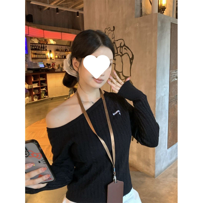 Off-Shoulder Embroidered Knit Long Sleeve Slim Fit Short Top