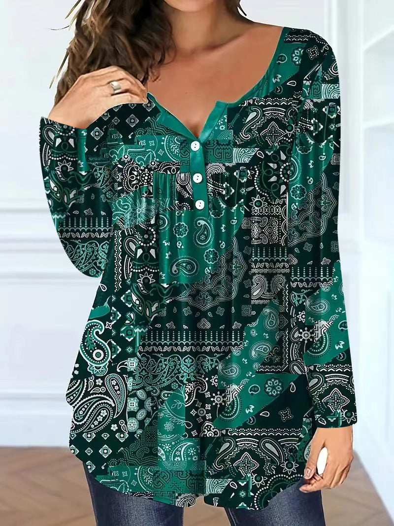 Women's Loose Fit V-Neck Buttoned Long Sleeve Casual T-Shirt
