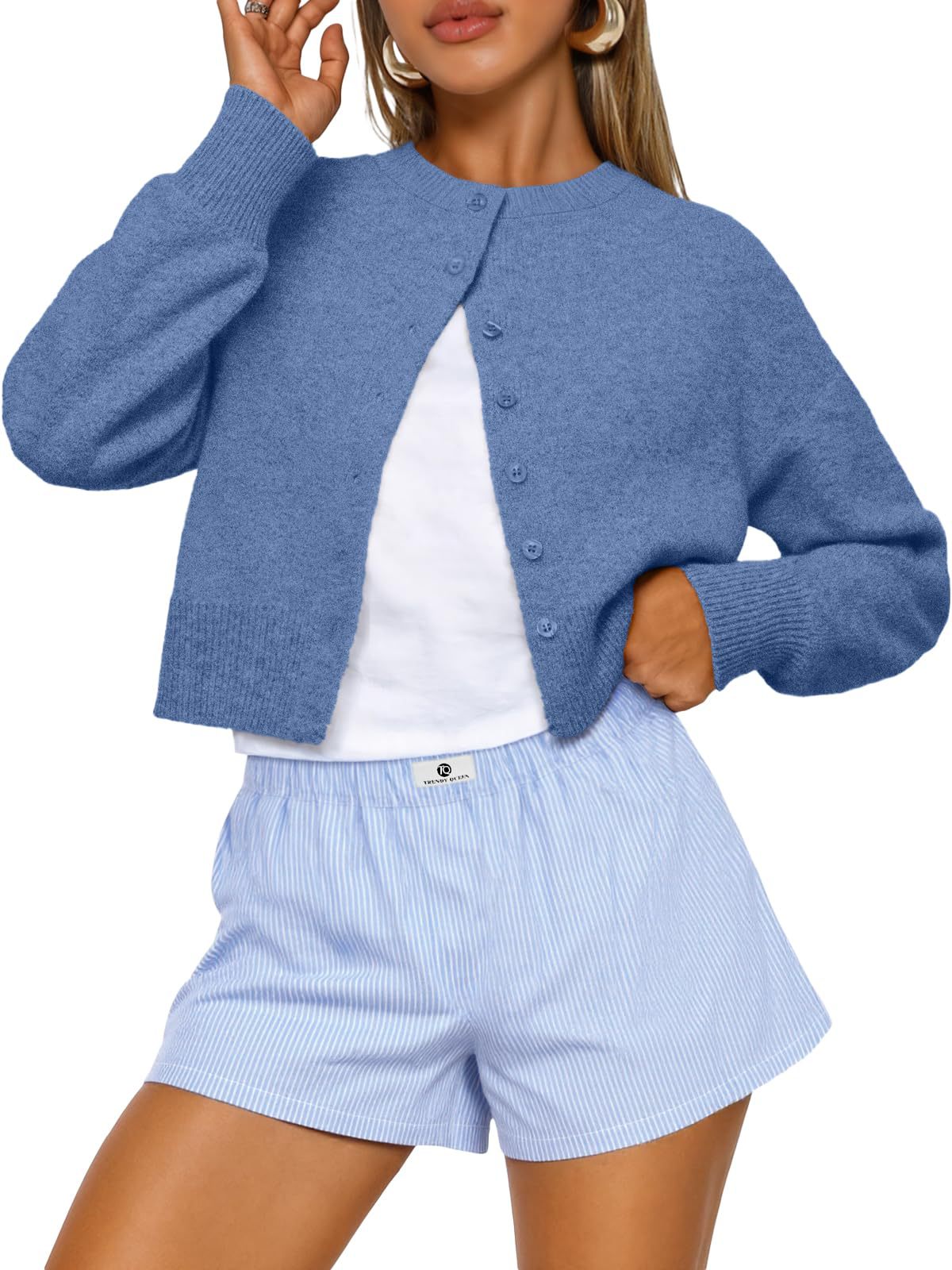 Cropped Button-Front Crewneck Knit Sweater For Women
