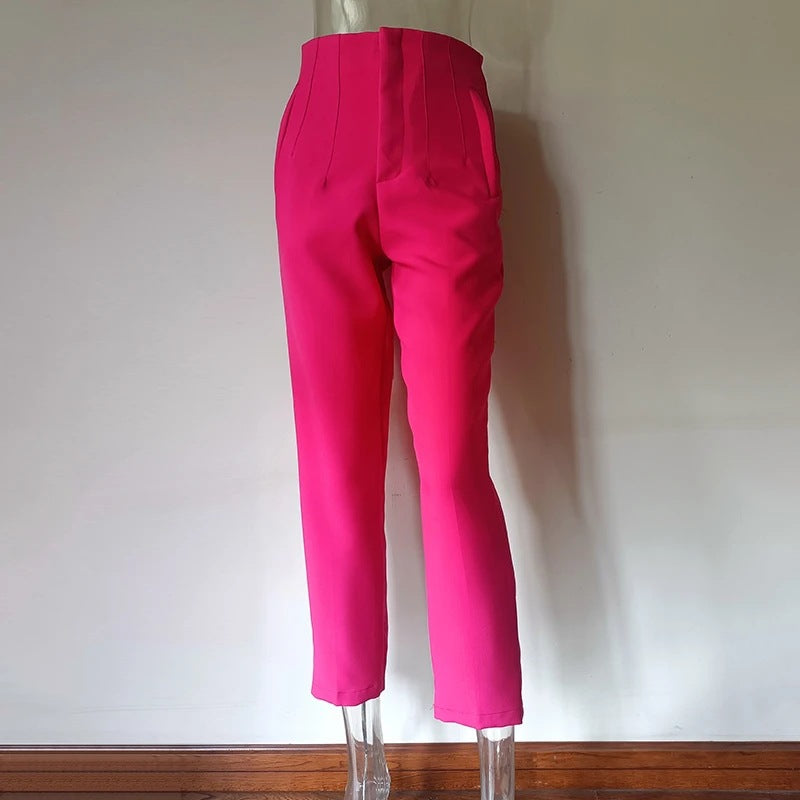 Royal Blue Pleated High Waist Slim Fit Straight Pants