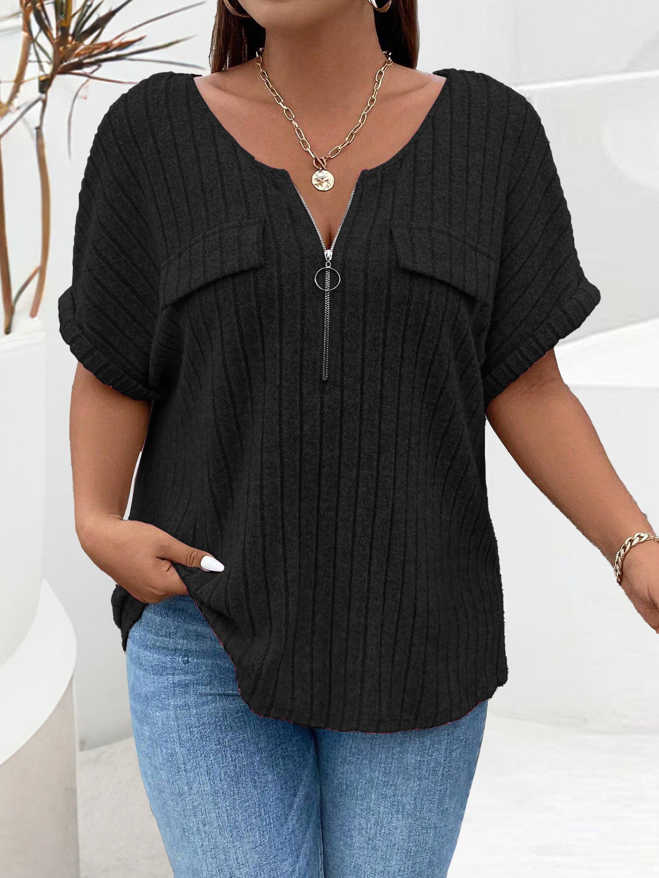 Zipper Accent Short Sleeve Loose Fit Casual Pullover Summer Top