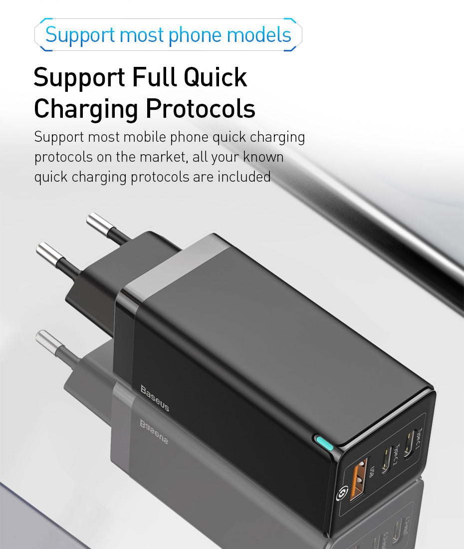 65W Triple-Port Fast Charger With Type?C And USB Outputs