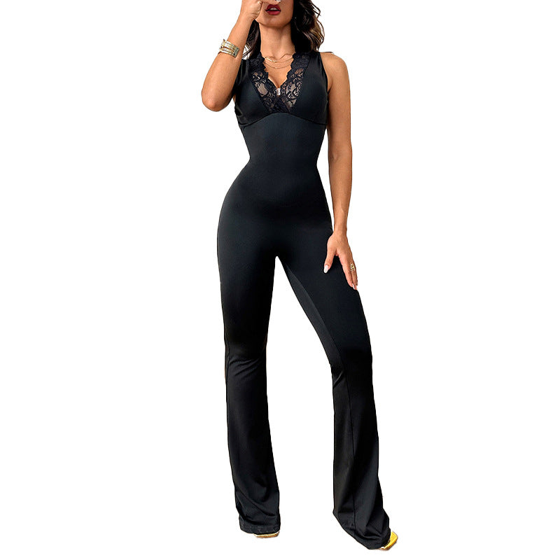 V Neck Lace Trim Flared Jumpsuit With High Waist Fit