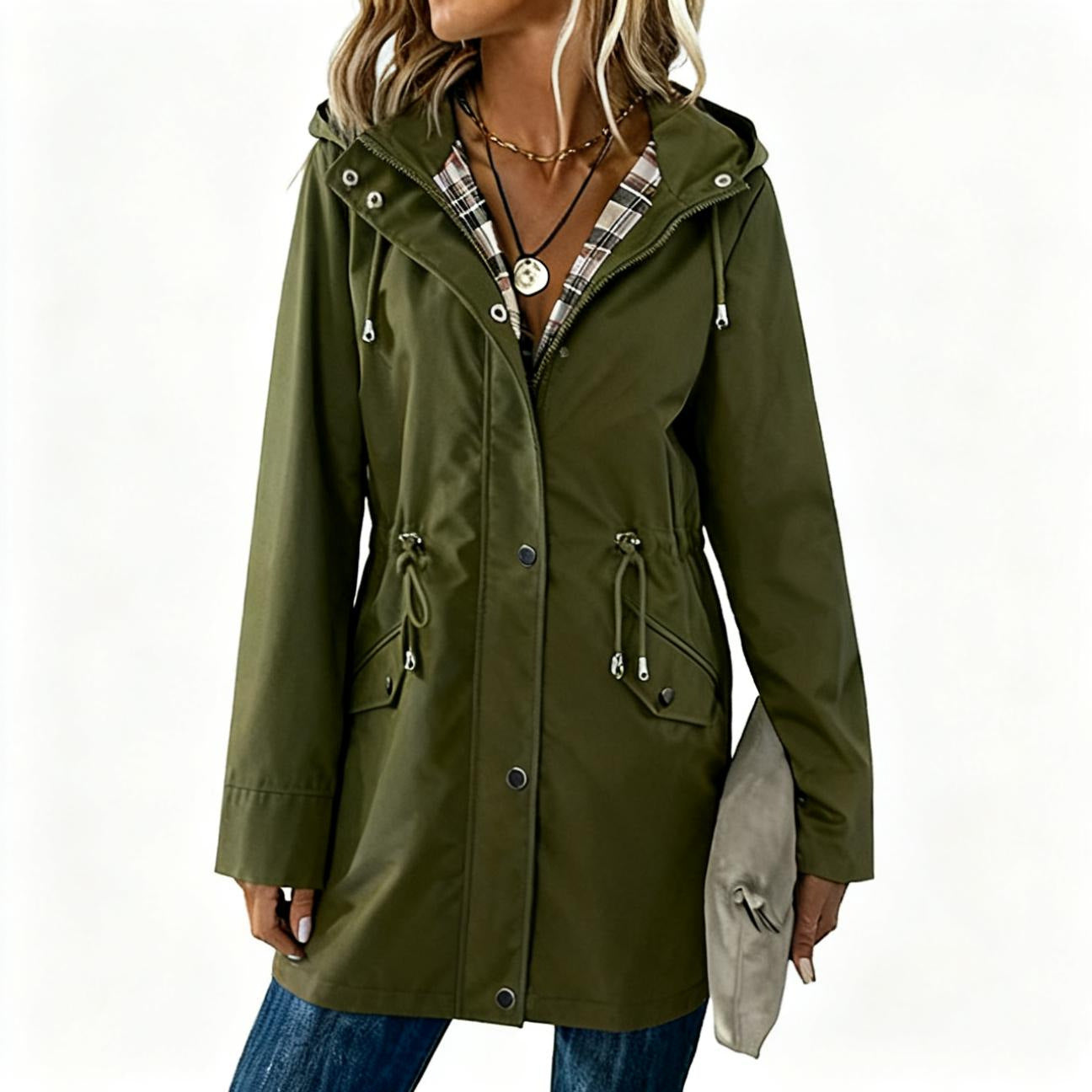 Plaid Hooded Drawstring Nipped-Waist Coat For Stylish Everyday Wear