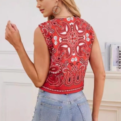 Tie-Dye Printed Round Neck Slim Fit Sleeveless Cotton Vest