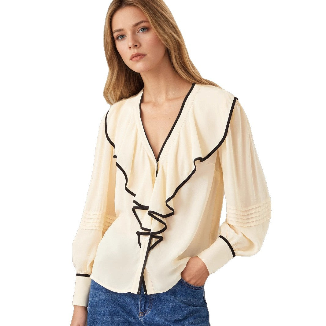 Women's Retro V-Neck Contrast Pleated Blouse With Loose Fit