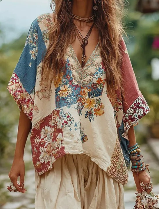 Boho Colorblock V-Neck Three-Quarter Sleeve Loose Casual Top