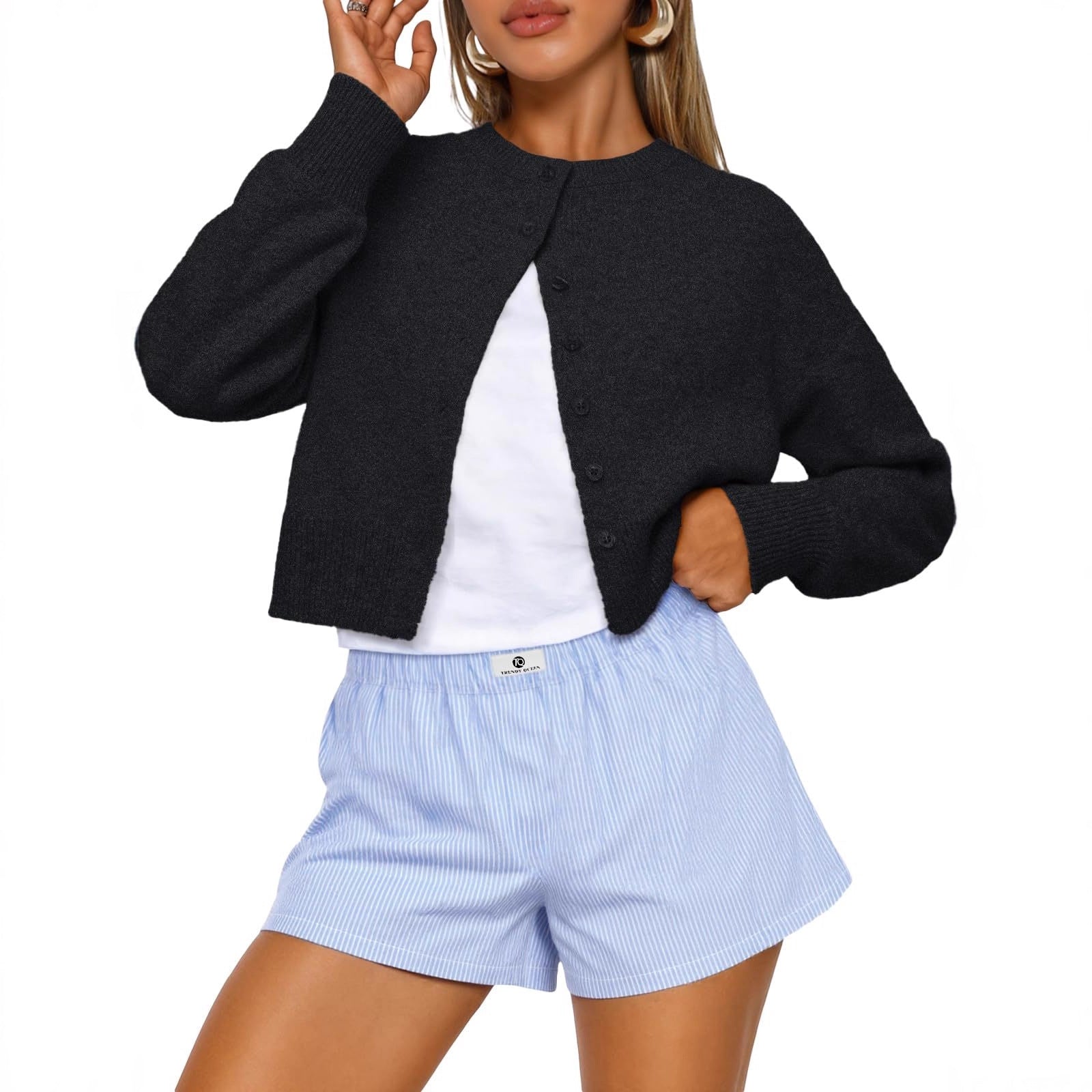 Cropped Button-Front Crewneck Knit Sweater For Women