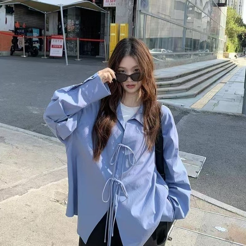Women's Casual Bow-Tie Front Long Sleeve Relaxed Fit Shirt