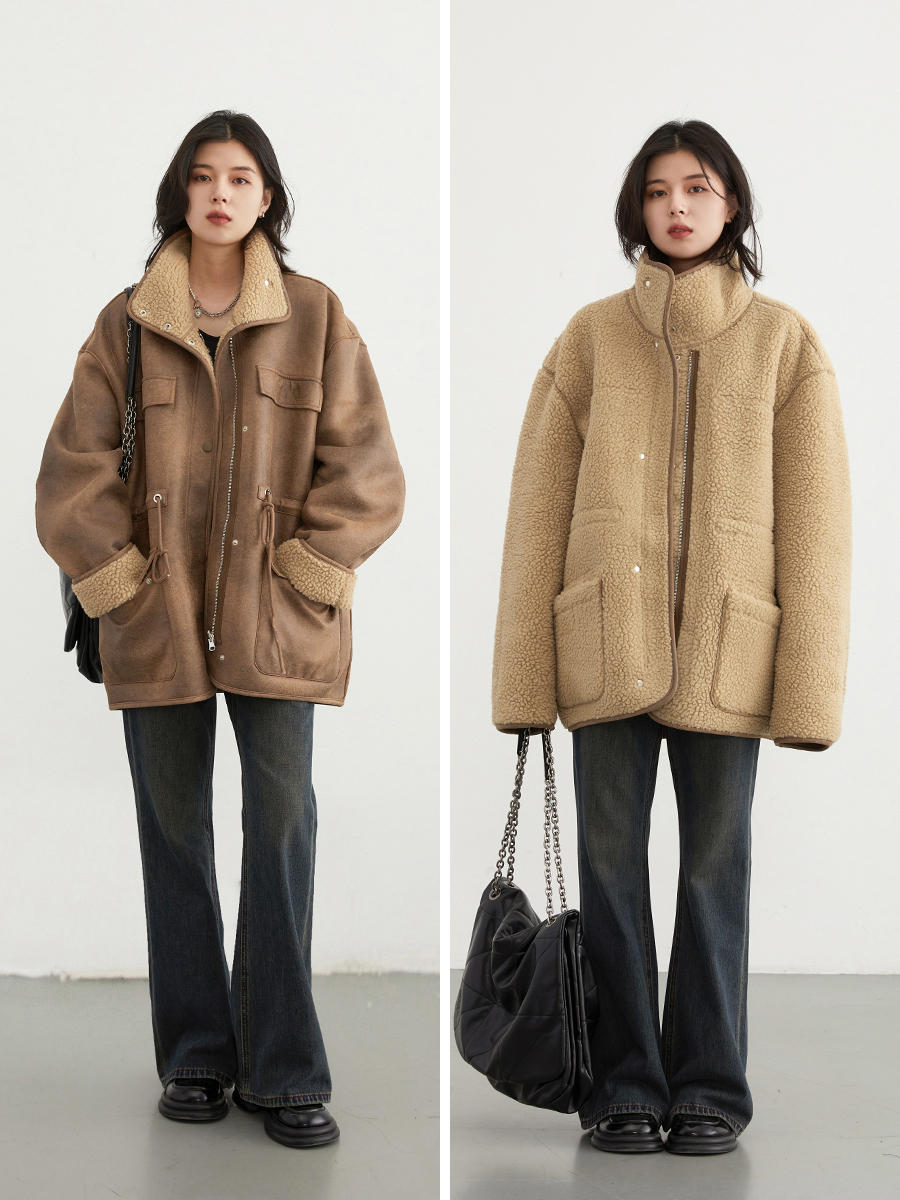 Suede Lamb Wool Motorcycle Coat Mid-Length Women's Jacket Warm