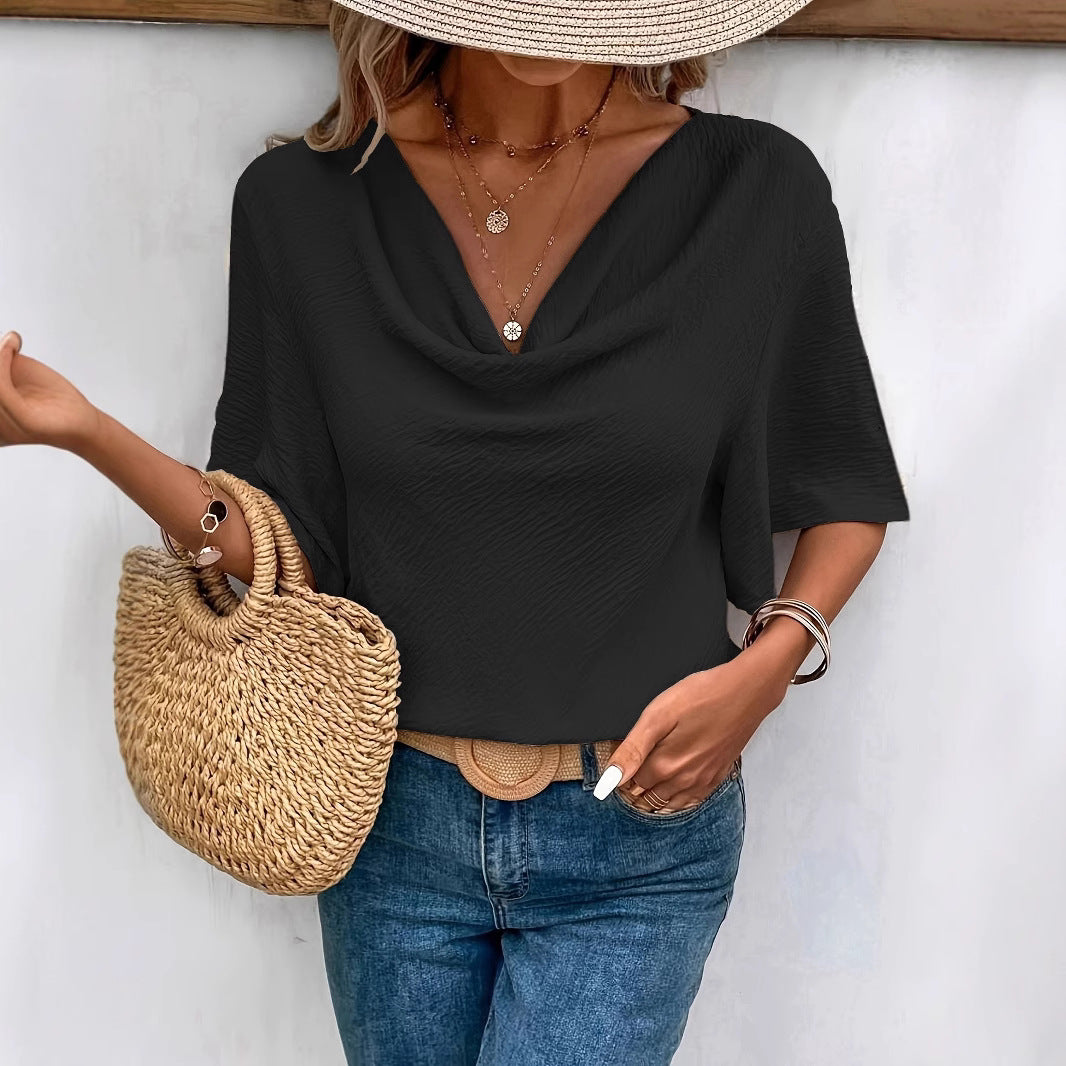 Elegant Solid Color Short Sleeve Satin Pullover Commuter Top