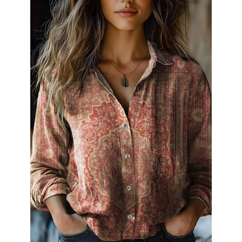 Vintage Retro Print Long Sleeve Lightweight Casual Button Shirt
