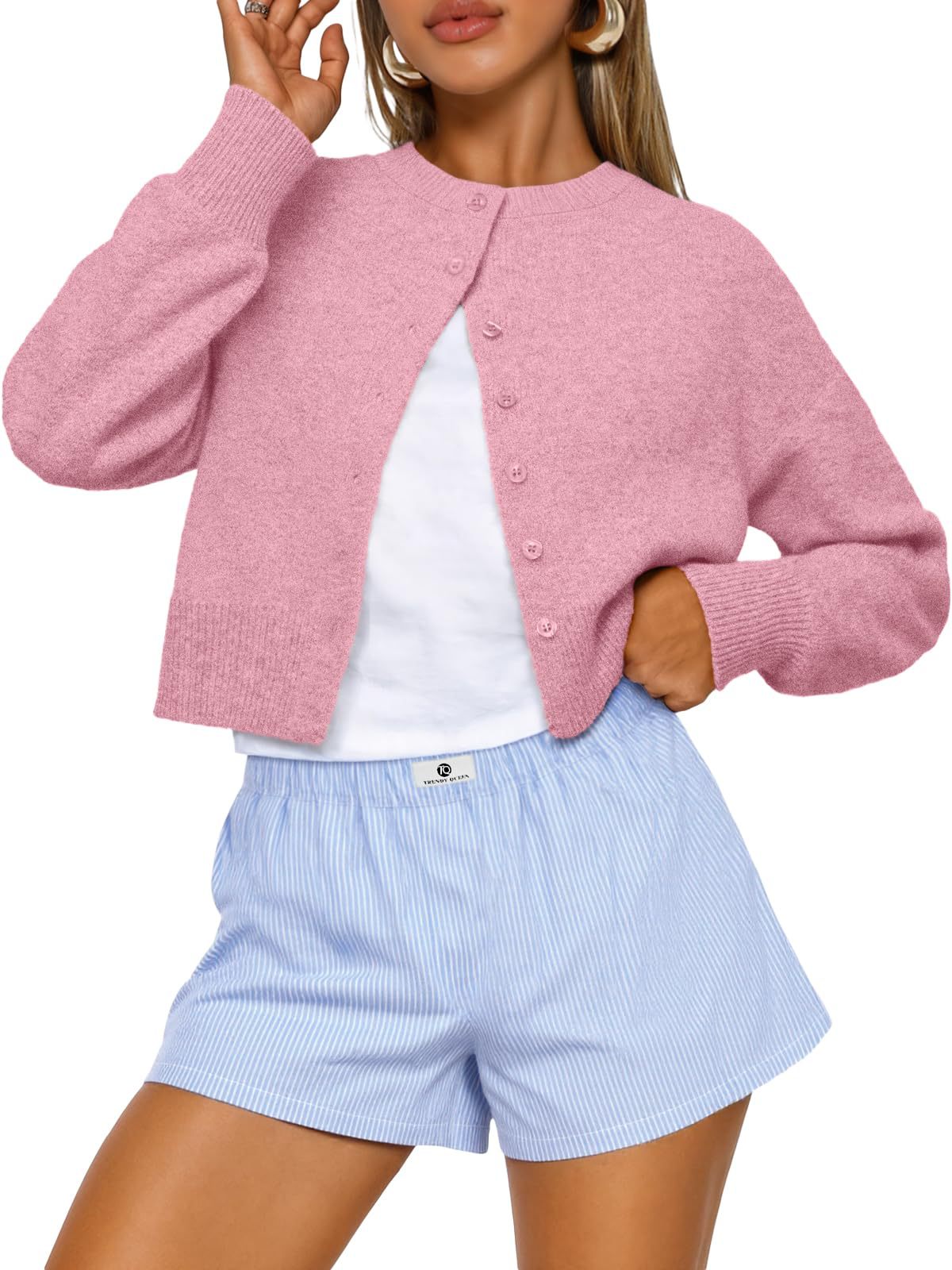 Cropped Button-Front Crewneck Knit Sweater For Women