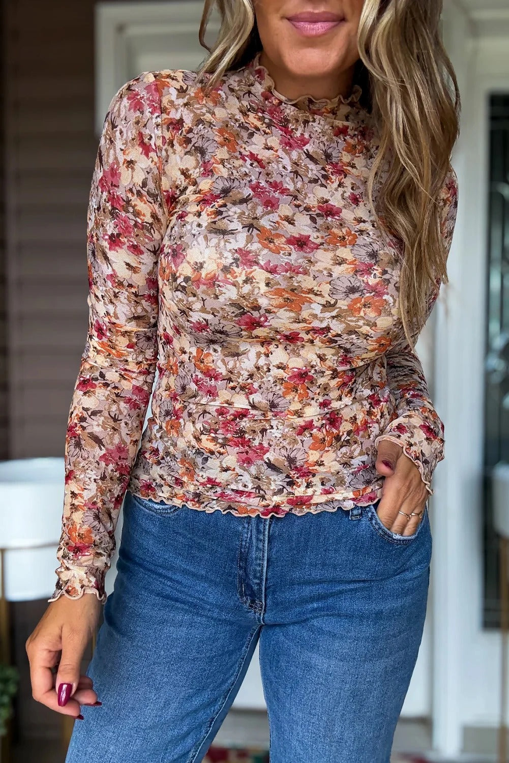 Lace Floral Mesh Long Sleeve Top For Women