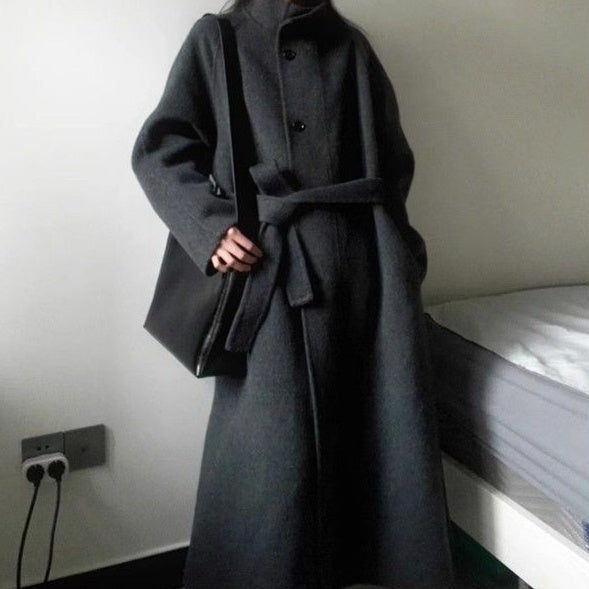 Women's Petite Korean Mid-Length Wool Coat With Belted Waist