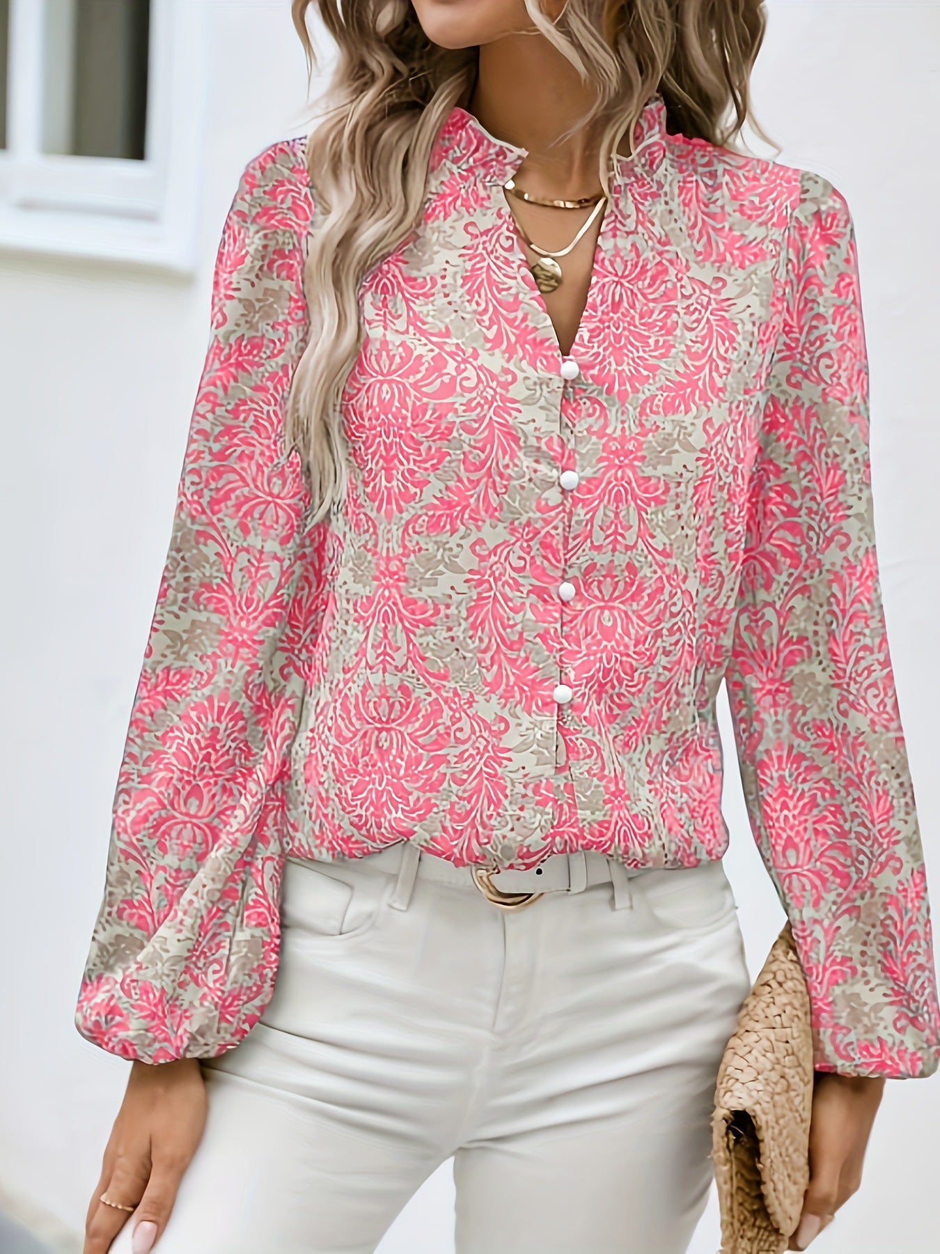 Elegant Printed Lantern Sleeve Ruffled Trim Long Sleeve Blouse