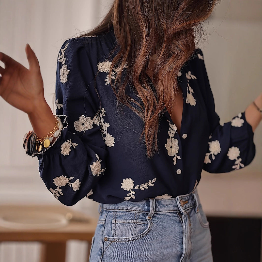 Women's Embroidered Chiffon Long Sleeve Elegant Western Style Blouse