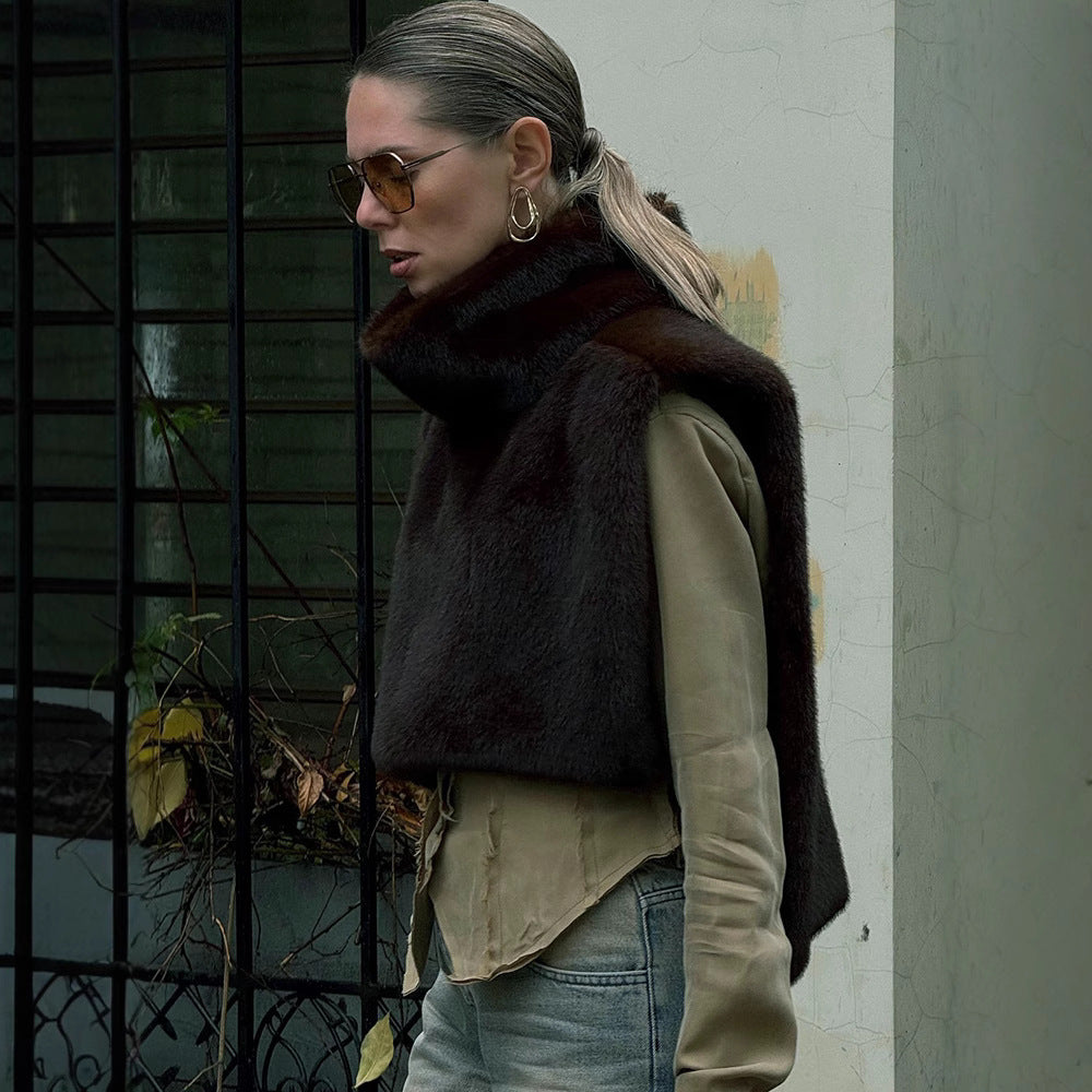 Half?Turtleneck Sleeveless Faux Fur Patchwork Slim Fit Vest