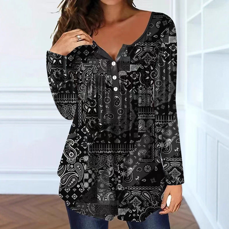 Women's Loose Fit V-Neck Buttoned Long Sleeve Casual T-Shirt