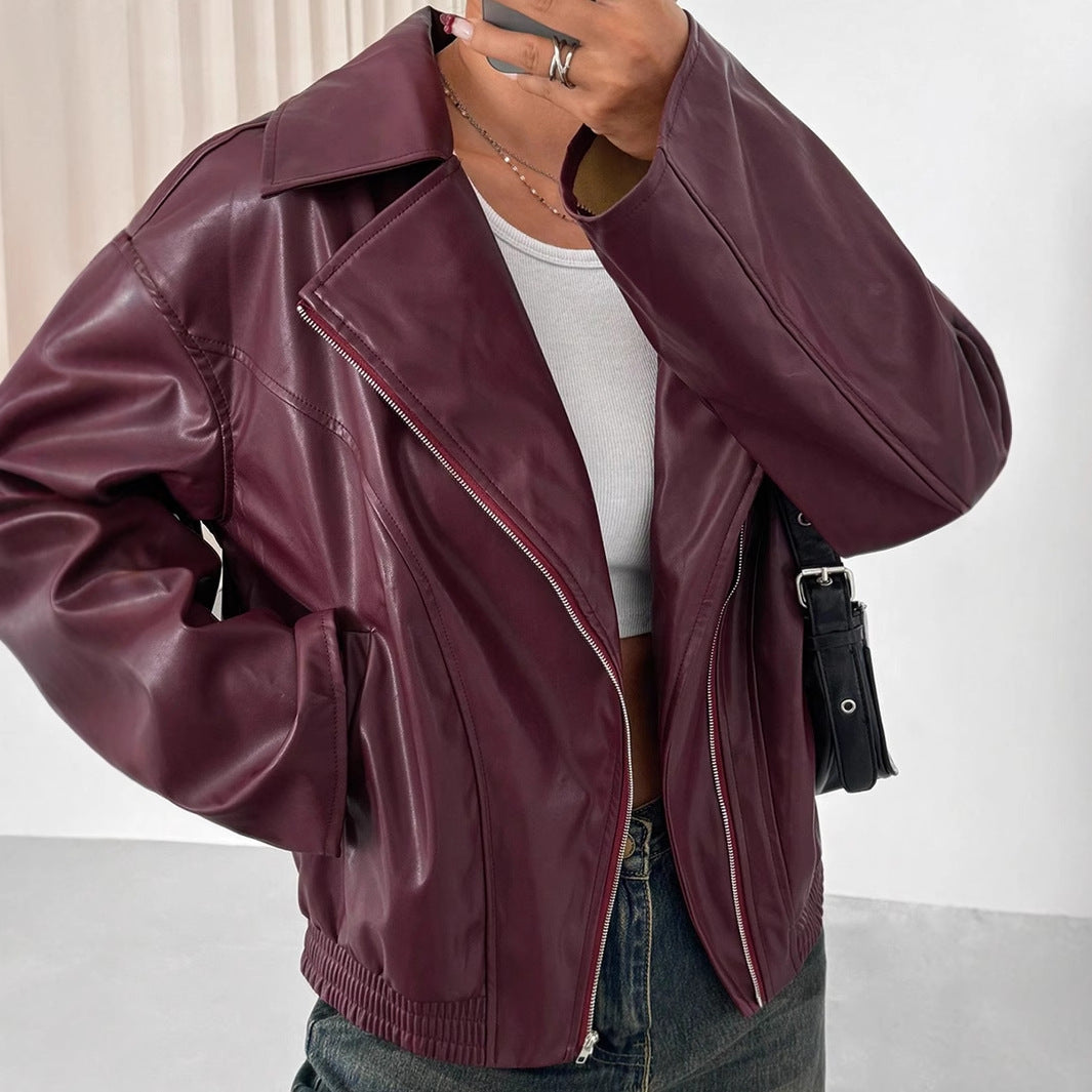 Loose Fit Long Sleeve PU Leather Jacket For Women