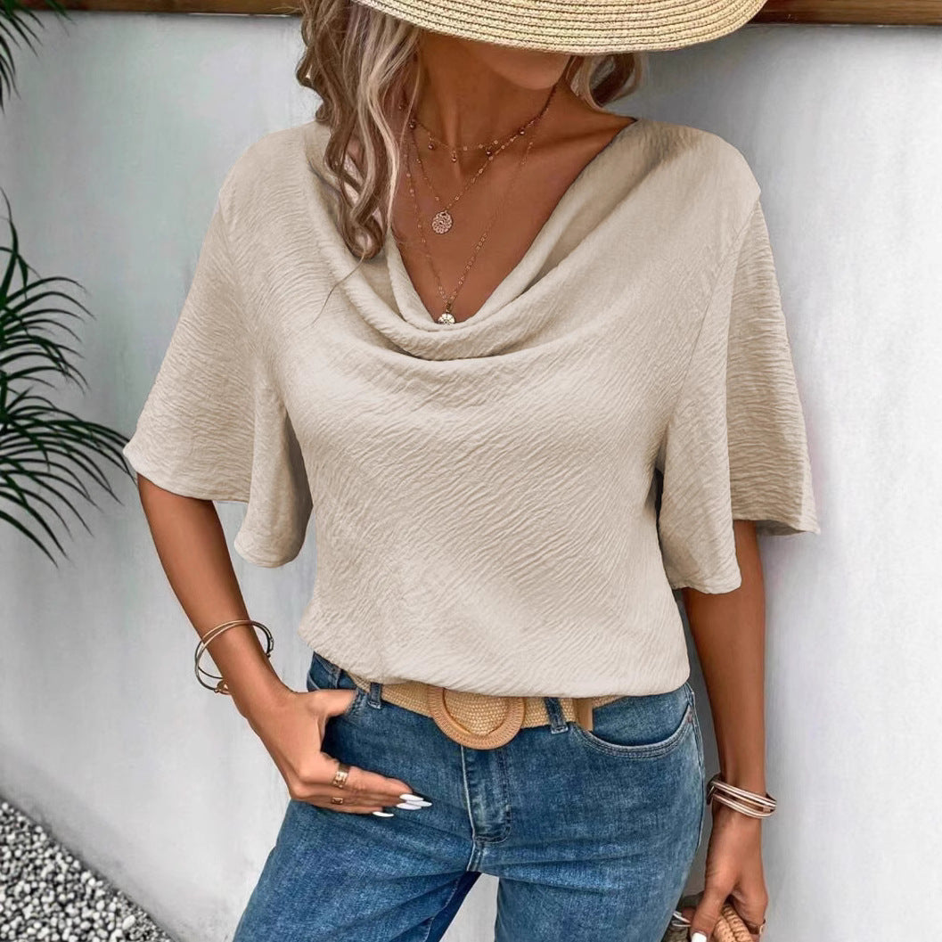 Elegant Solid Color Short Sleeve Satin Pullover Commuter Top