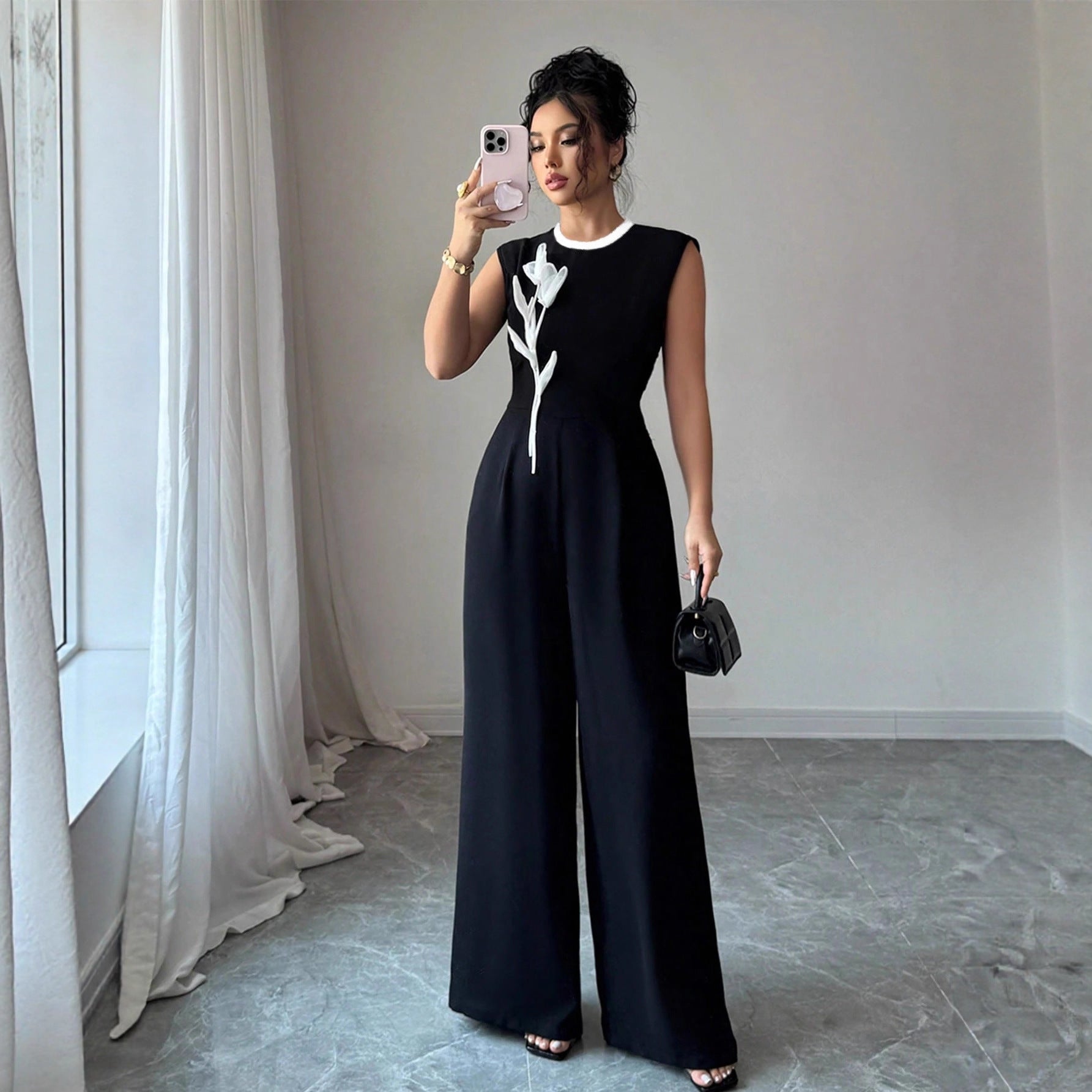 Embroidered Sleeveless Wide Leg Jumpsuit With Elegant Crew Neck