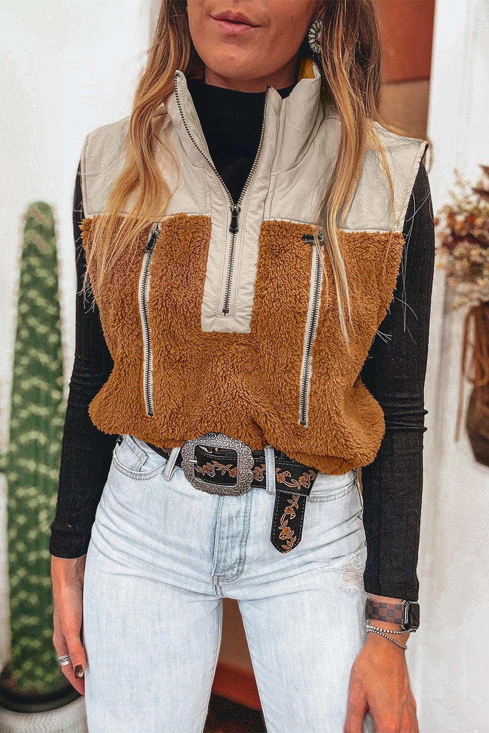 Stand Collar Wool-Blend Casual Stitch Detail Sleeveless Vest